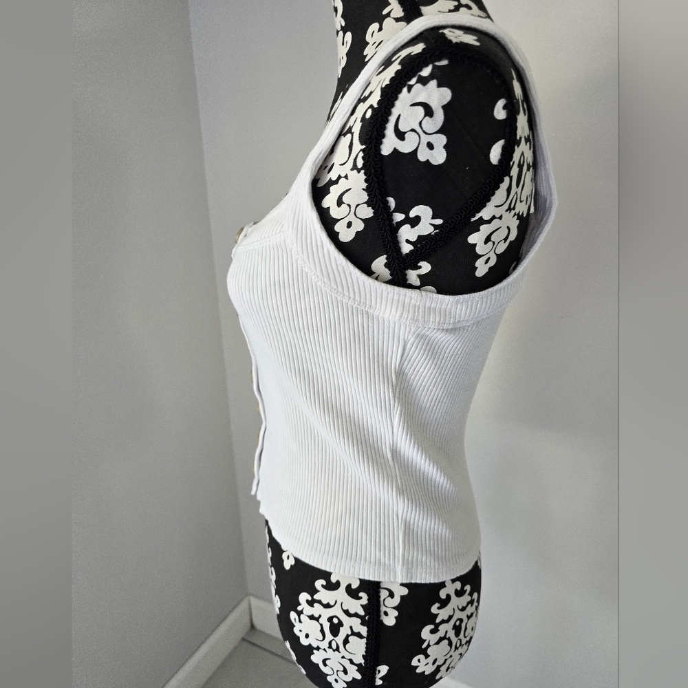 Free People Bridgette White Button Up Ribbed Tee Tank Top Shirt Slim Size S/P - Picture 4 of 11